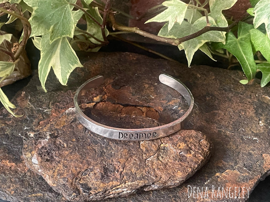 Hand stamped cuff bracelet. Dreamer cuff bracelet. Aluminium cuff bracelet. Inspiring cuff bracelet