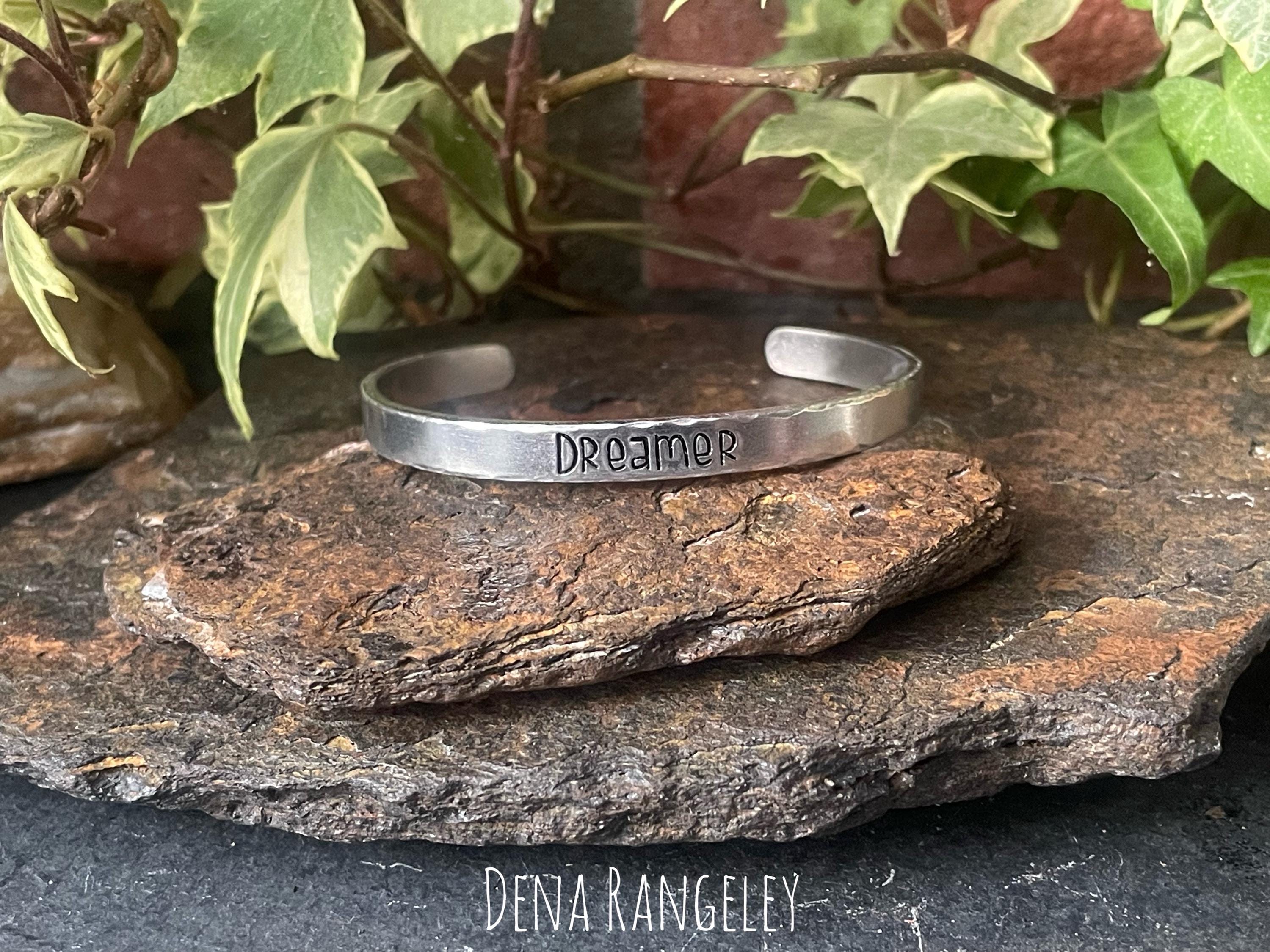 Hand stamped cuff bracelet. Dreamer cuff bracelet. Aluminium cuff bracelet. Inspiring cuff bracelet