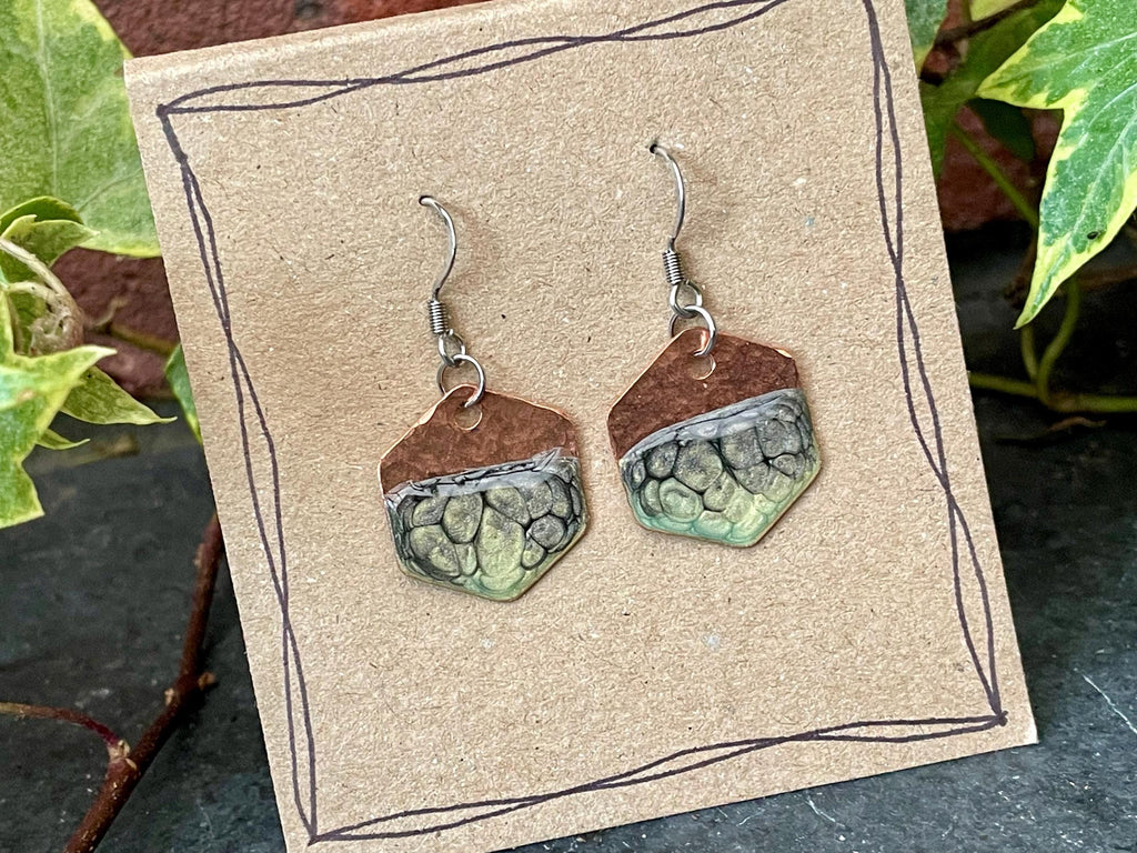 Green copper earrings. Hexagon earrings. earrings. #43