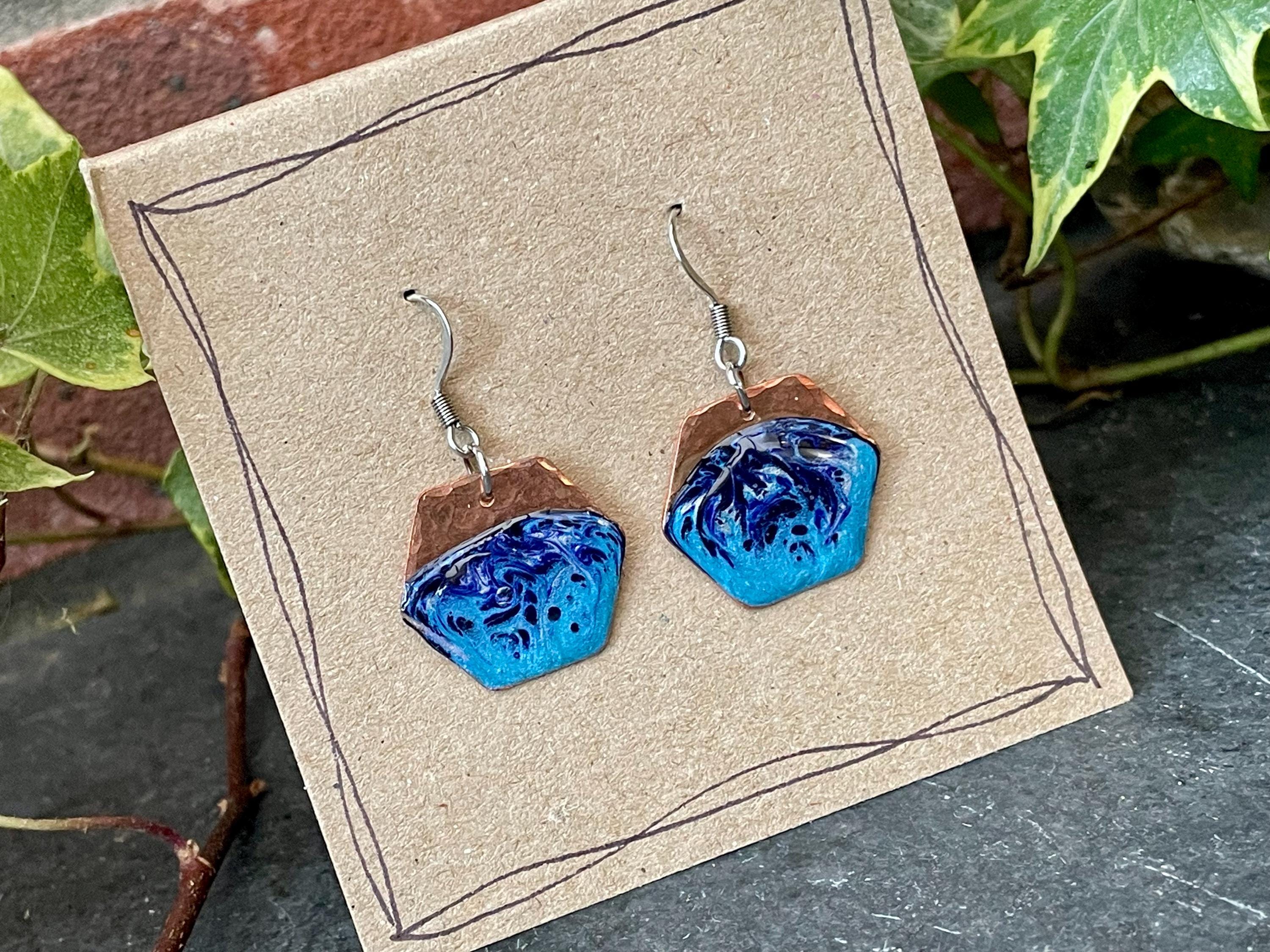 Blue copper earrings. Hexagon earrings. earrings. #17