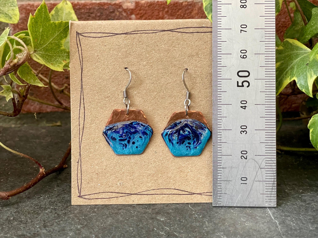 Blue copper earrings. Hexagon earrings. earrings. #17