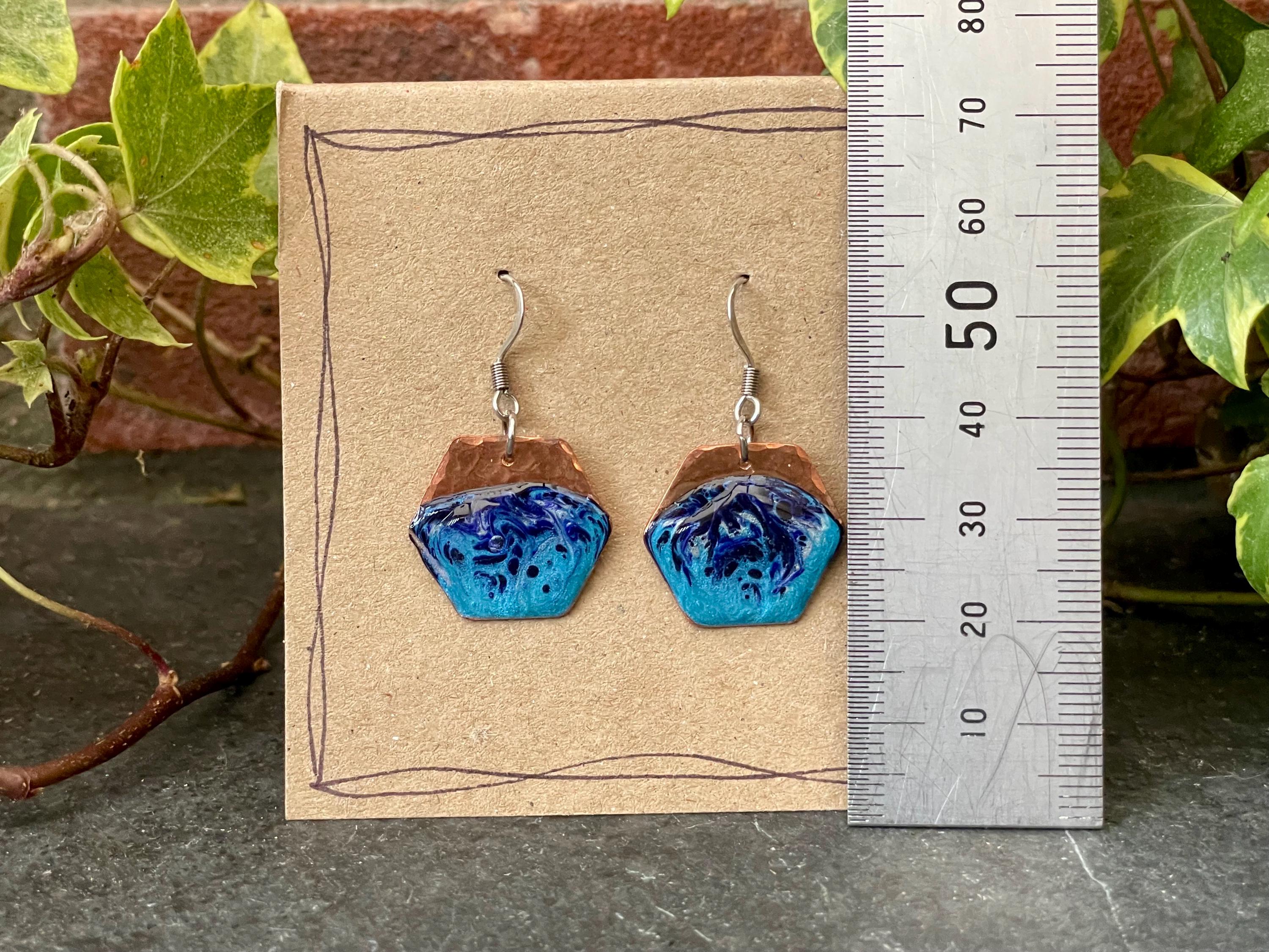 Blue copper earrings. Hexagon earrings. earrings. #17