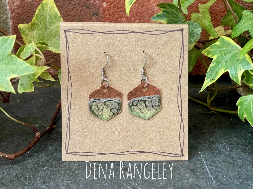 Green copper earrings. Hexagon earrings. earrings. #43