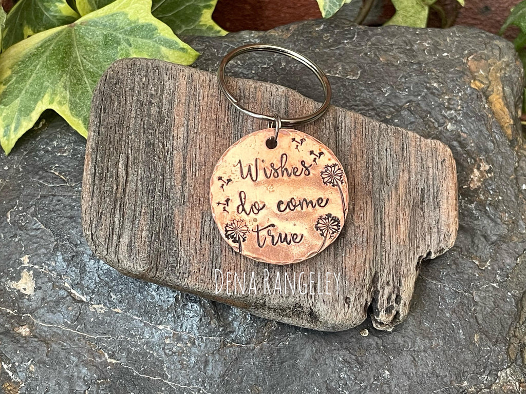 Wishes do come true, inspirational keyring, hand stamped keyring, copper keyring