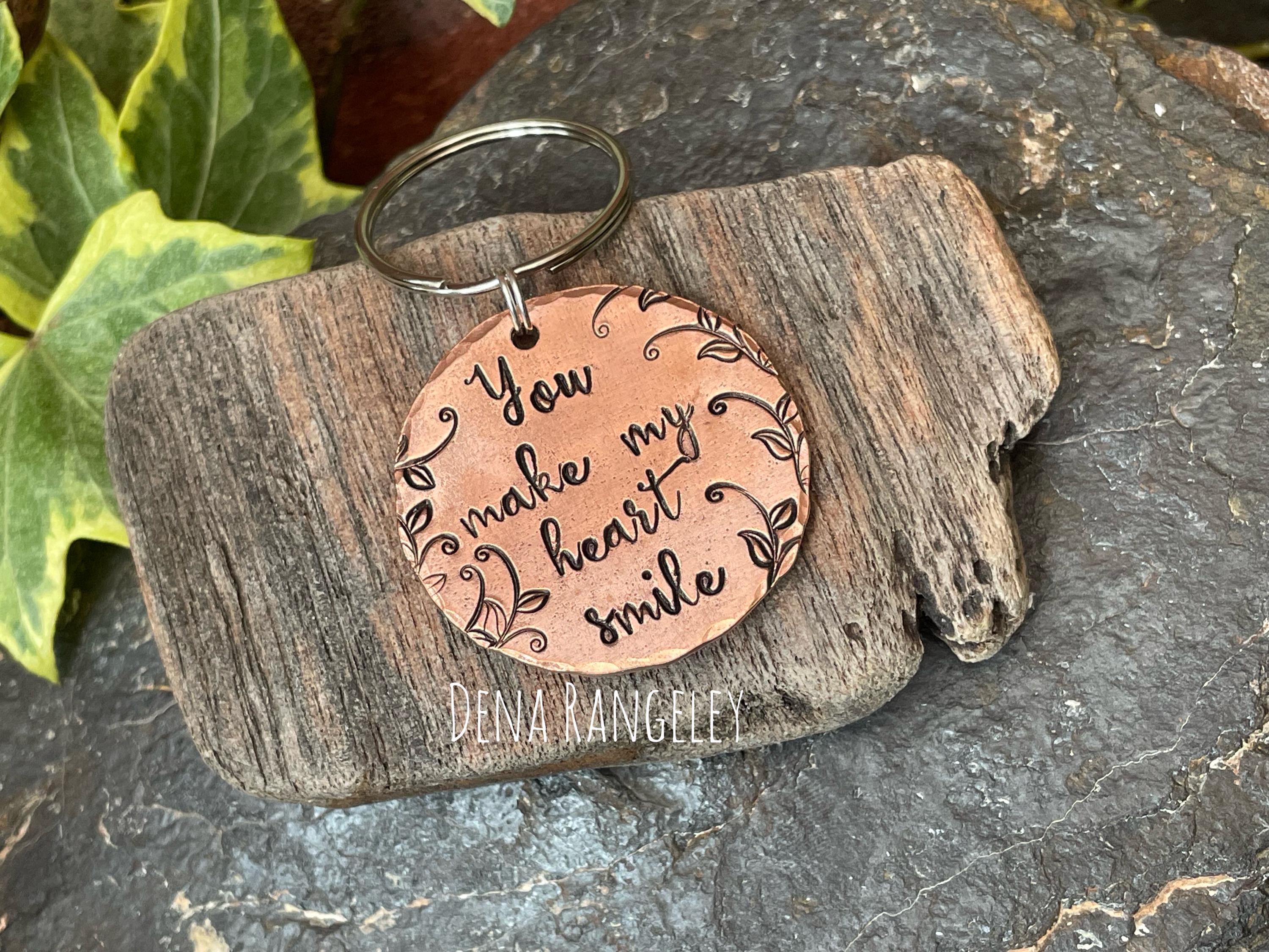 You make my heart smile, inspirational keyring, hand stamped keyring, copper keyring