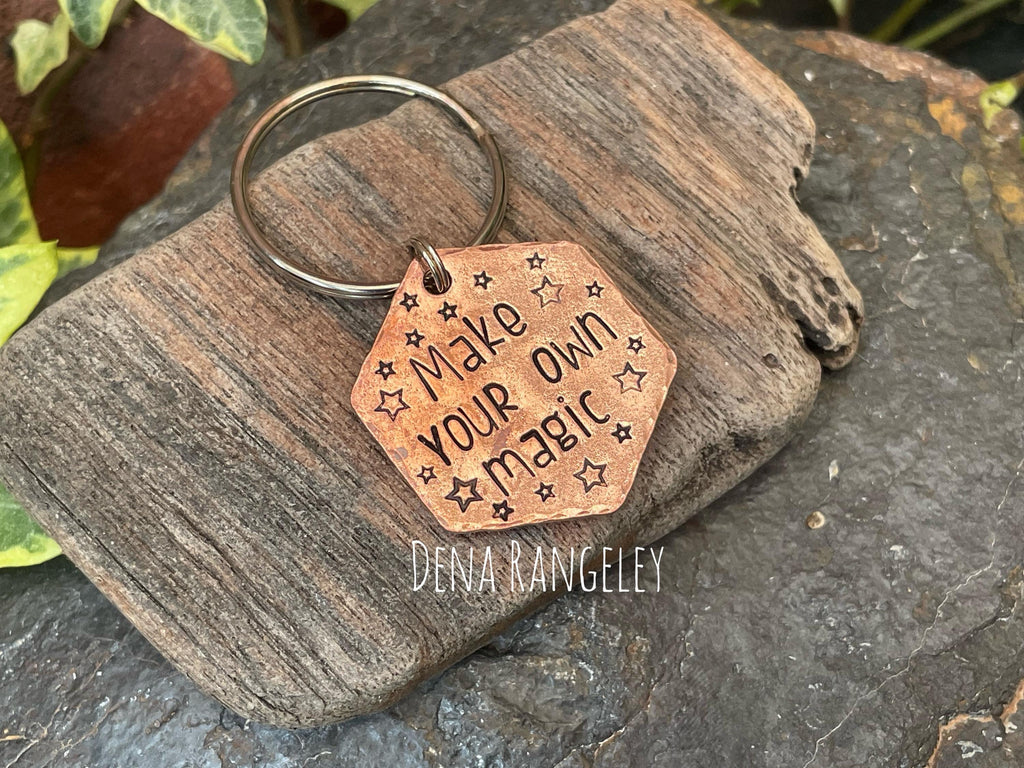 Make your own magic, inspirational keyring, hand stamped keyring, copper keyring