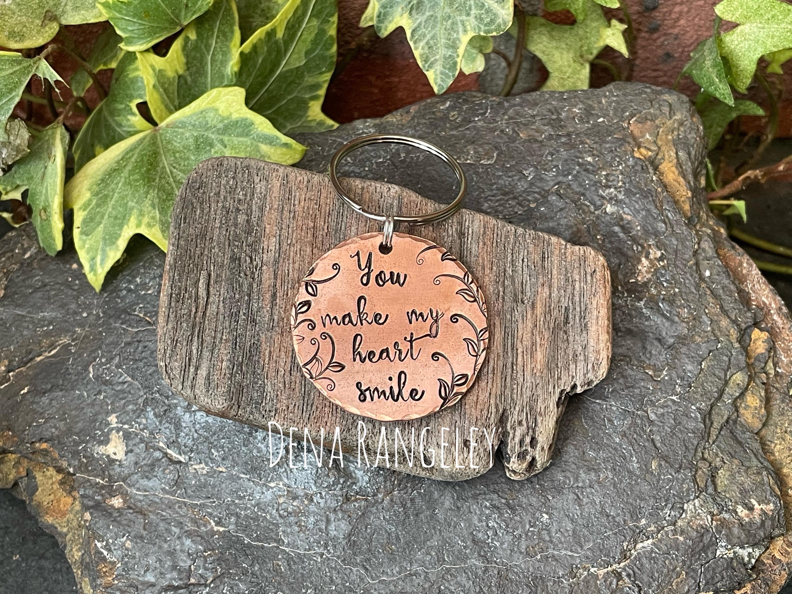 You make my heart smile, inspirational keyring, hand stamped keyring, copper keyring
