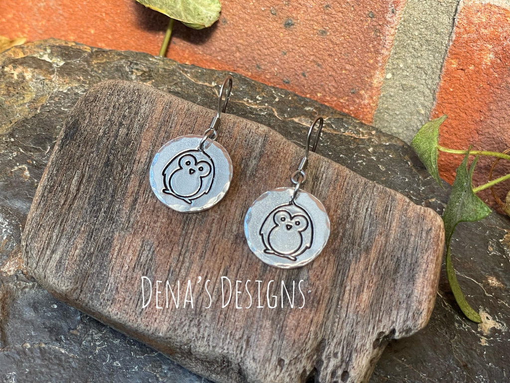 Cute penguin earrings, hand stamped earrings. Stainless steel earrings #190