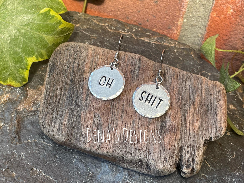 Hand stamped Oh shit earrings. Sweary earrings. #192
