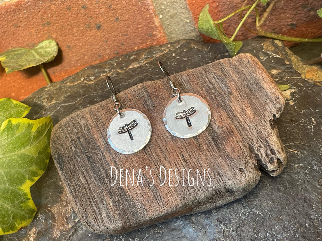Cute dragonfly earrings, hand stamped earrings. Stainless steel earrings #195