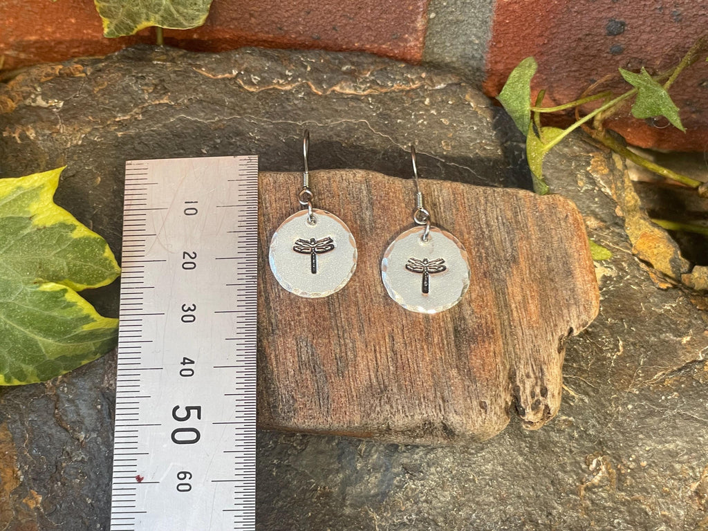 Cute dragonfly earrings, hand stamped earrings. Stainless steel earrings #195