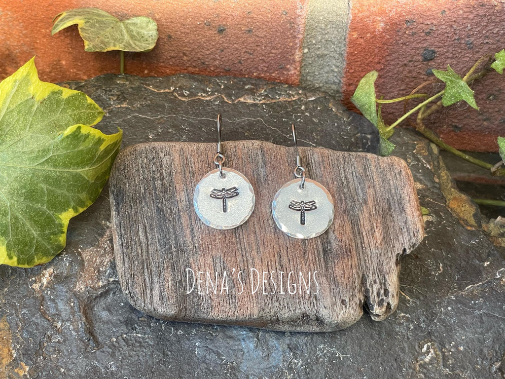 Cute dragonfly earrings, hand stamped earrings. Stainless steel earrings #195